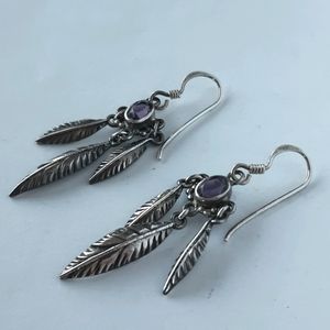 Silver feather amethyst earrings